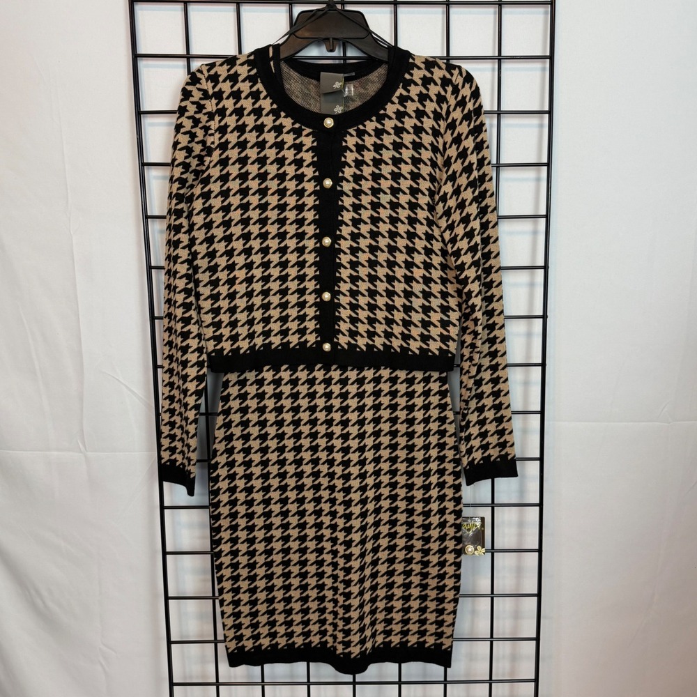 Taylor Houndsooth 2-piece Dress Suit Womens Small Tan Preppy Schoolgirl‎ NWT